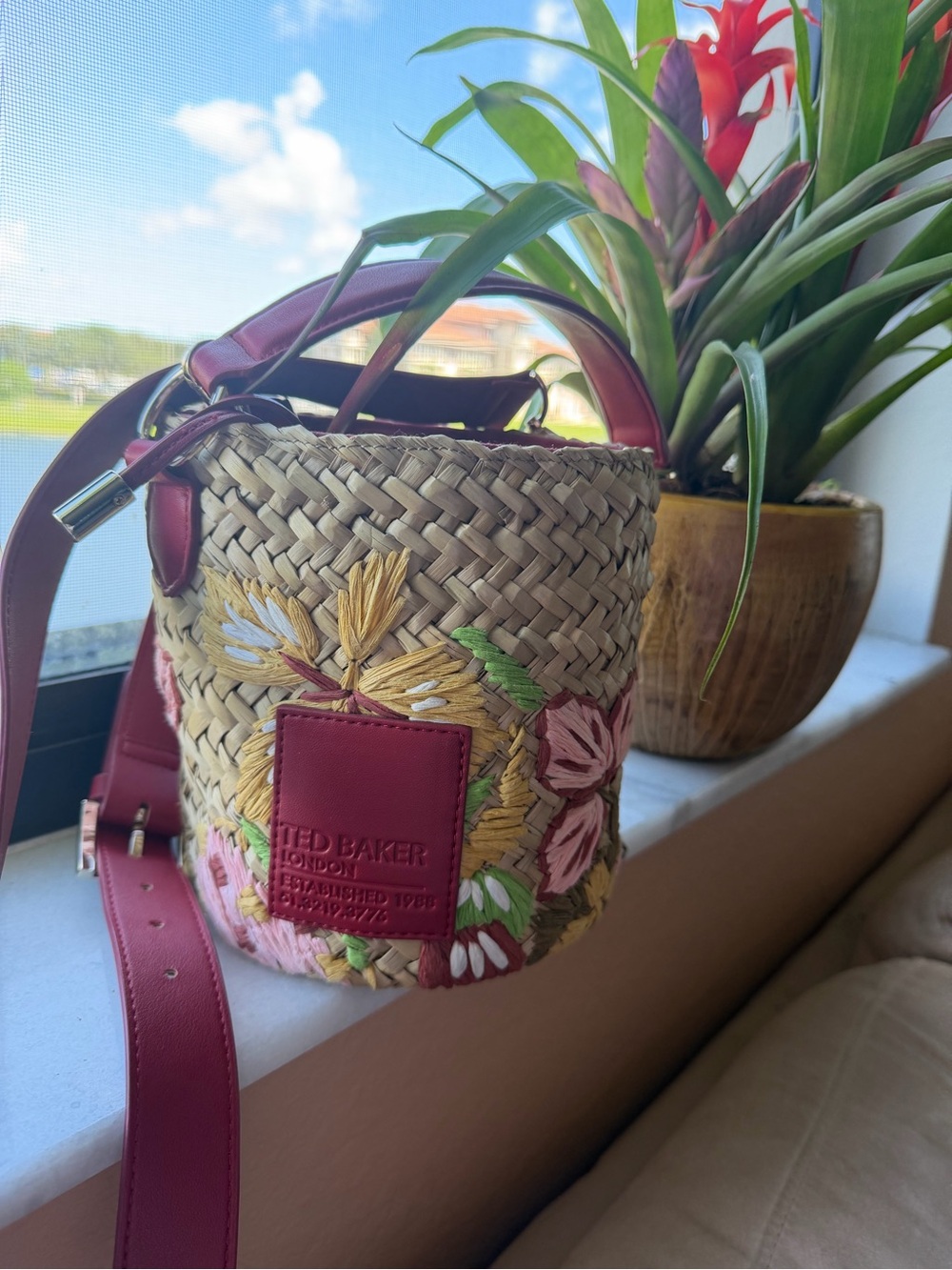 Ted Baker Pink Trim Embroidered Straw Mini Bucket Bag